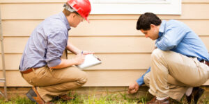Insurance home inspector examining a foundation with a homeowner