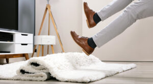 Man slipping on area rug which could be liability of the homeowner